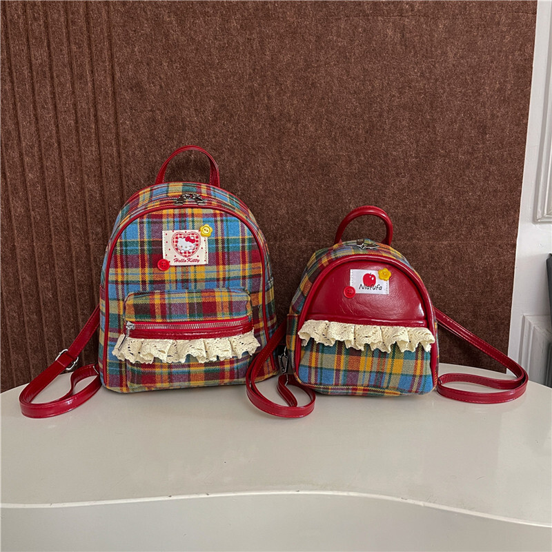 New designer women's bag English style checkered backpack cute lace color blocked girl parent-child PU small backpack
