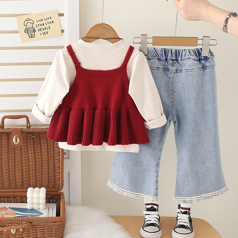 Baby Girls Suspenders Sweater Set 3-Piece, Korean Style Knit Outfit for 1-5 Year Olds, Spring Autumn Fashion