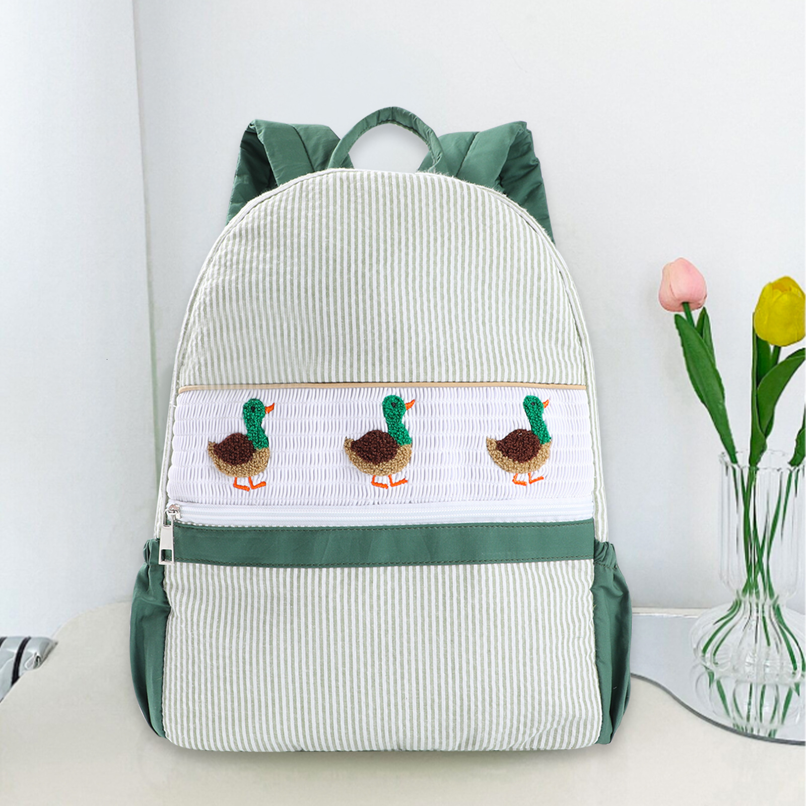 New hot selling designer striped wild duck embroidery children's bubble gauze backpack student backpack
