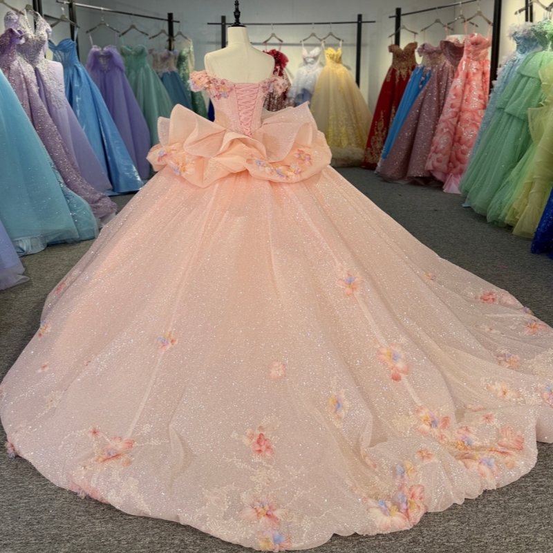 Pink Shiny Quinceanera Dresses Ball Gown Off The Shoulder Applique Flower Beading Crystal Corset Tull Party Birthday Sweet 16 Dress Vestidos 15 De Ano