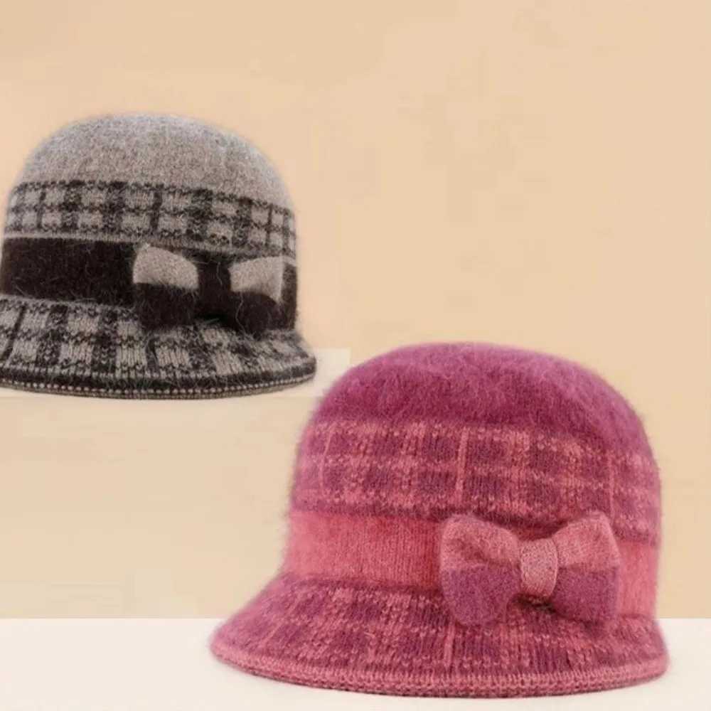 Fashion Thickened Fleece Knitted Hat Winter Rabbit Fur Baseball Cap Warm Bow Basin Cap For MiddleAged and ElderlyL251024