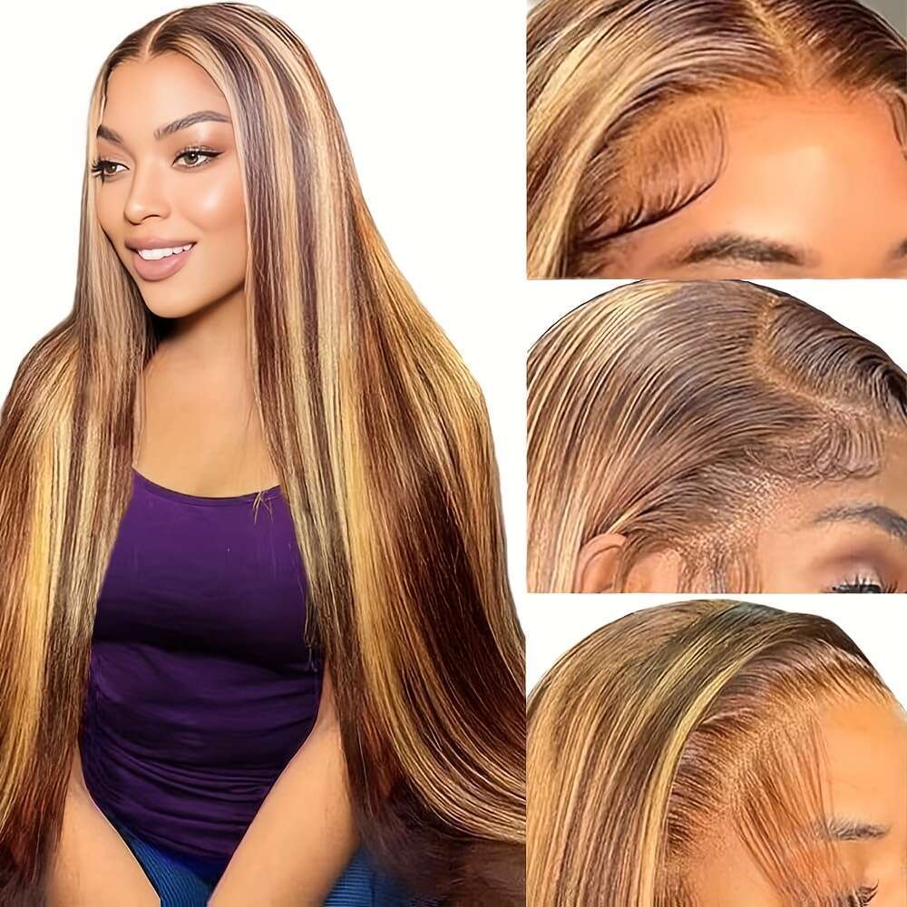 13x4 Honey Blonde Straight Lace Front Highlight Ombre 200% Density Plucked Pre Cut Transparent Frontal Human Wigs For Women With Baby Hair 4/27