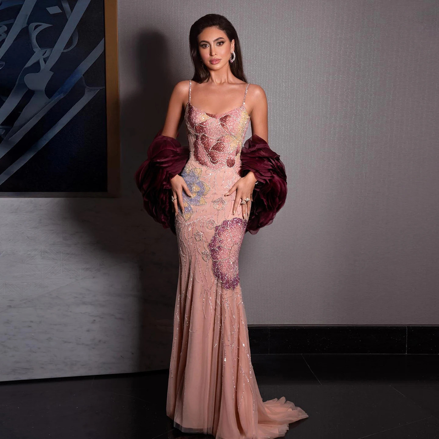 Sharon Said Pink Floral Beaded Evening Dress with Burgundy Shawl Cape Elegant Party Dress for Women SS515 Customized 251023