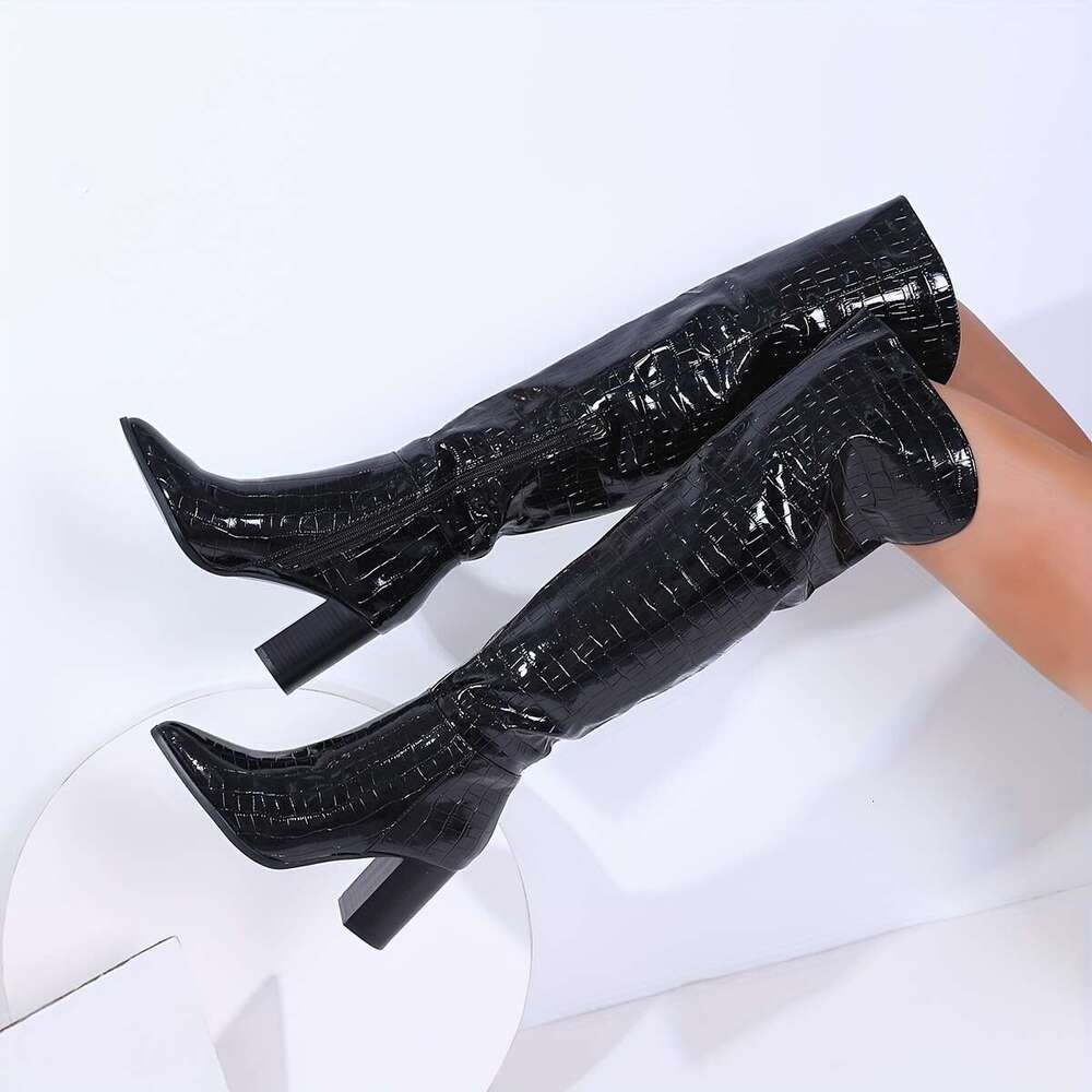 Chic & Trendy Women's Pointed Toe Crocodile Print High Heel - Chunky Heel, Synthetic Cover, Zip Closure, All-Season Dress Footwear, Black Design 
