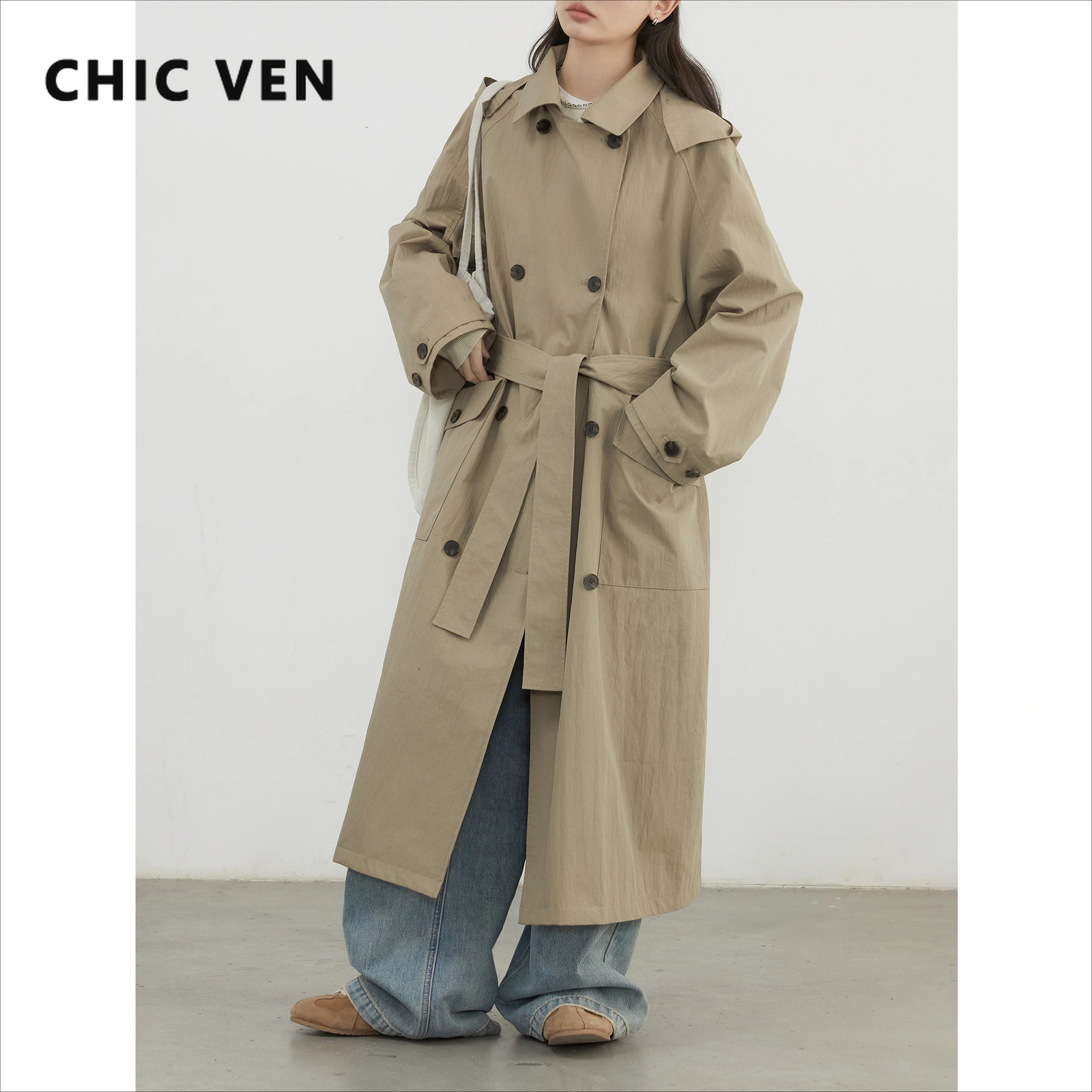 CHIC VEN Women Trench Coat Loose Casual Detachable Hat Female Windbreaker Woman Overcoat Spring Autumn 251021