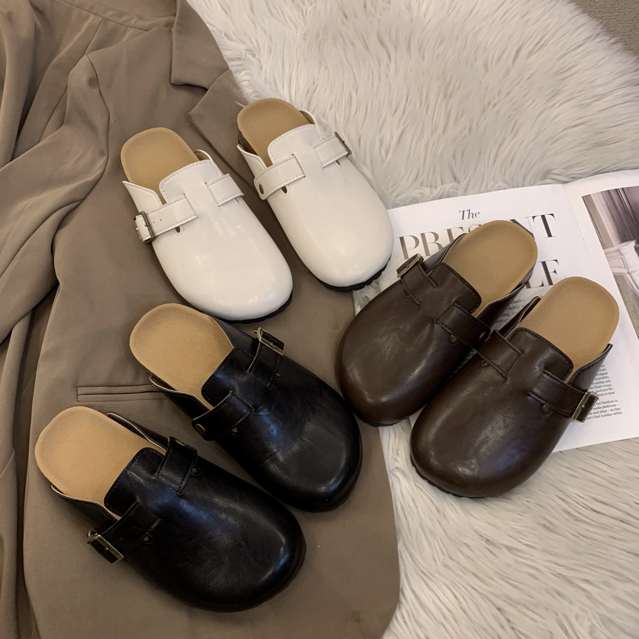 Free shipping Multi-Color Leather Clogs with Buckle Design Daily Occasion Wear Fashion Stylish Versatile Trendy Slippers