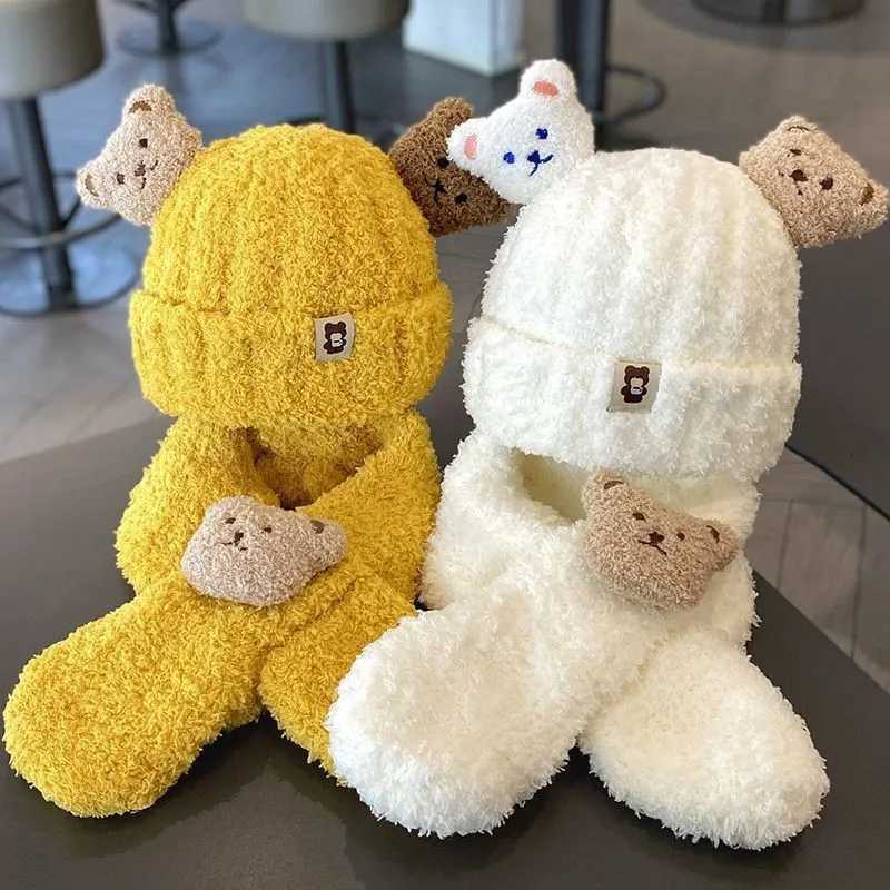 Winter Baby Plush Hat Scarf Set Cartoon Bear Beanies Warm Velvet Infant Neckerchief 624Month Kids Ear Protection Pullover CapL251024