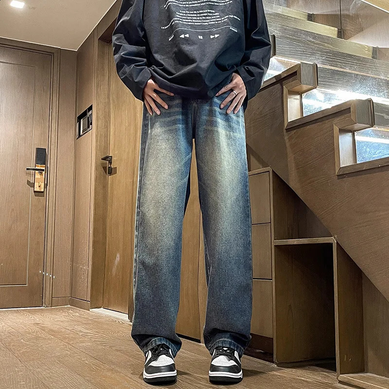 retro blue jeans mens straight leg loose autumn spring pants trendy cool American high street wide 251018