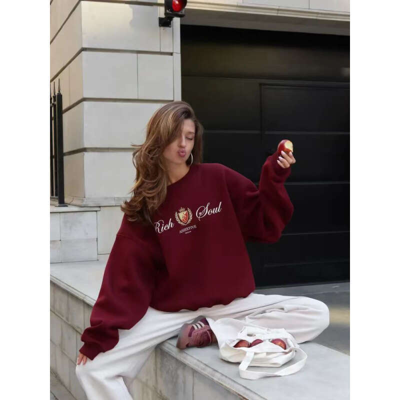 2025 Autumn Winter New Casual Versatile Loose Fleece Thickened Fashion Printed Pullover Crew Neck Sweatshirt for Women