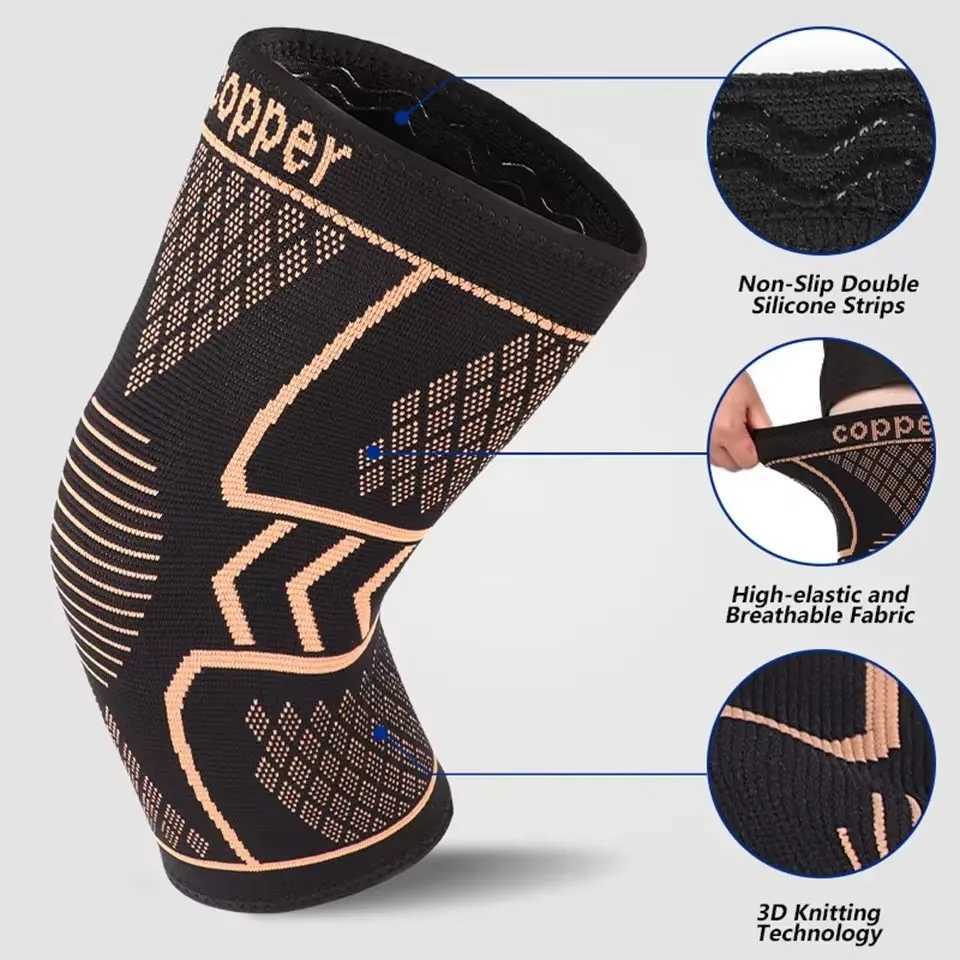 GOBYGO Copper Knee Support Pad Braces Compression Knee Sleeve Arthritis Joint Pain Relief Sports Fitness Workout Running UnisexW251024