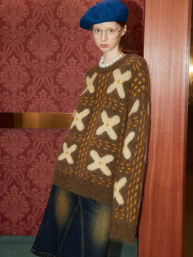 Vintage Print American Sweater Women Loose Fall Winter Lazy Wind Y2K Knitted Jumpers Retro O Neck Long Sleeve Harajuku Pullover 251023