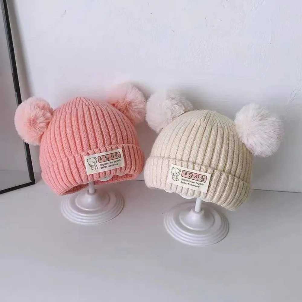 New Solid Color Baby Knitted Hat Plush Ball Soft Winter Hat 03 Year Beanie Hats Boys GirlsL251024