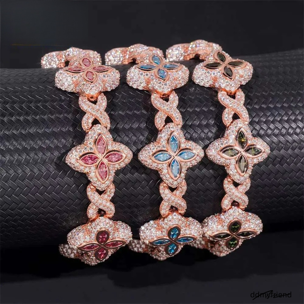 Rich Color Flower Design 18Mm Custom Iced Out Hip Hop Unisex Jewelry Cuban Link Chain Sier VVS Moissanite Bracelet Ddmyfriend