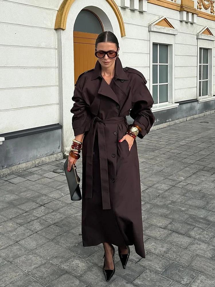Burgundy Lace Up Trench Coat Womens Fashion Solid Lapel Long Sleeve Double Breasted Loose Jackets Lady Commute Streetwear 251021