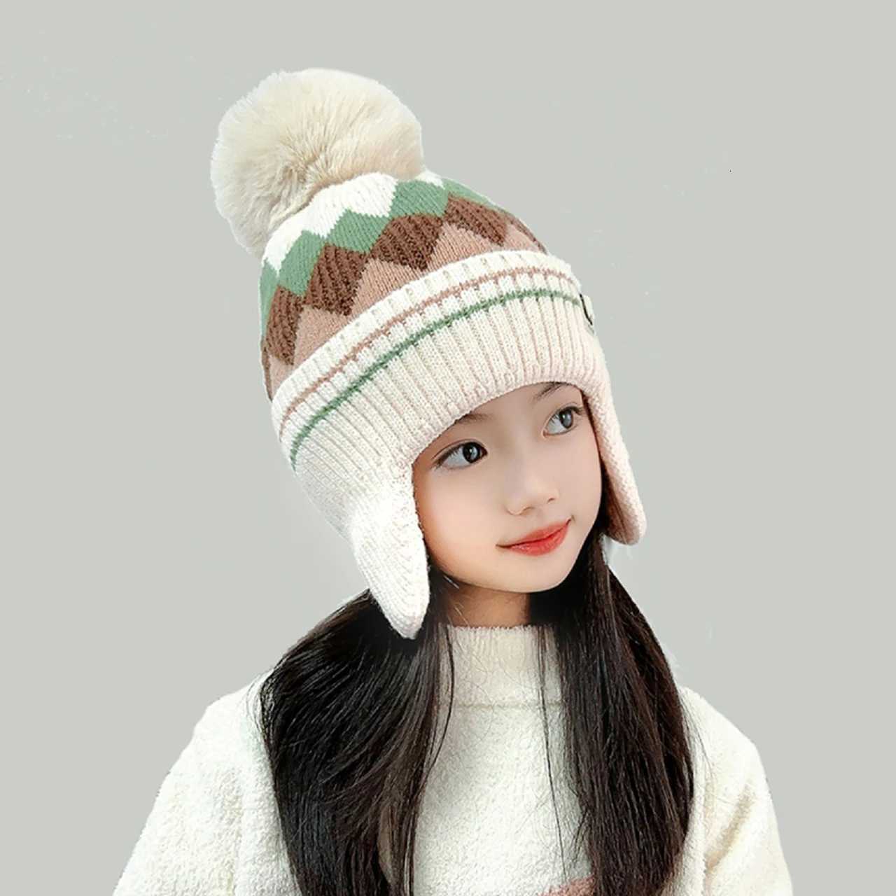 Fluffy Plush Ball Children Knit Hat Winter Warm Kids Ear Protection Hats Velvet Lining Baby Earmuffs Cap Pompom Beanie 210YearL251024