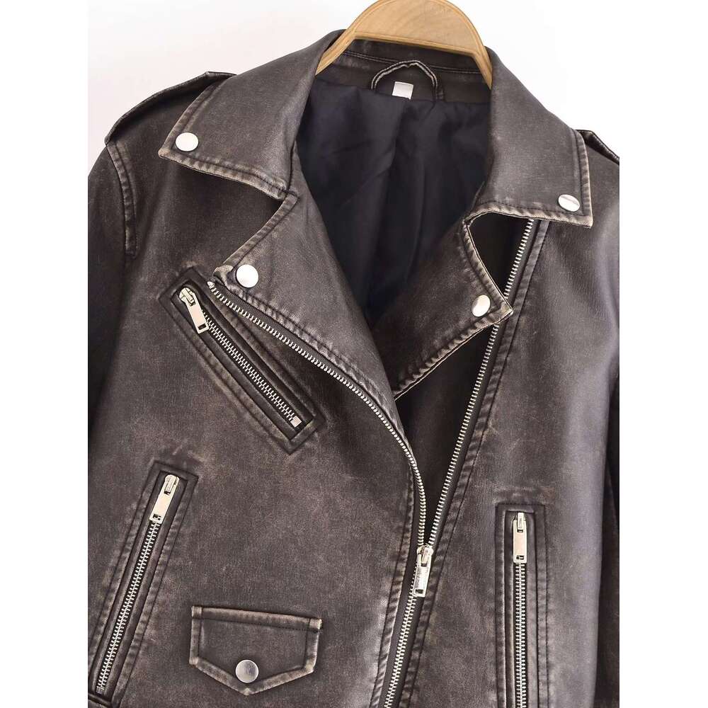 American Cool Spicy Girl Style Lapel Motorcycle Autumn Washed And Distressed Leather Jacket For Women