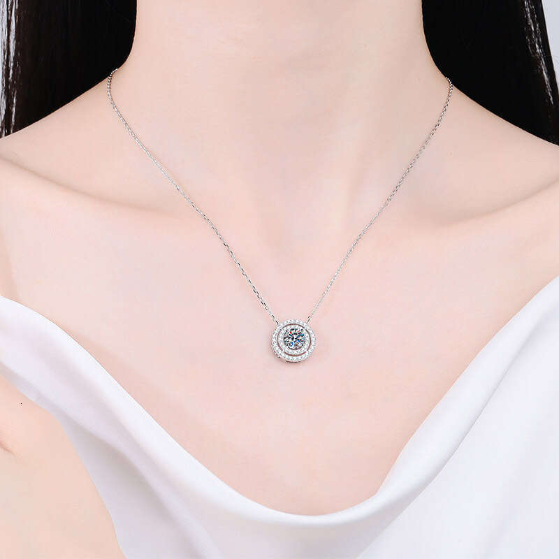 DHCollections-- Sterling Sier Necklace for Women Double Circle Round Moissanite Clavicle Chain Plated with PT950 Gold