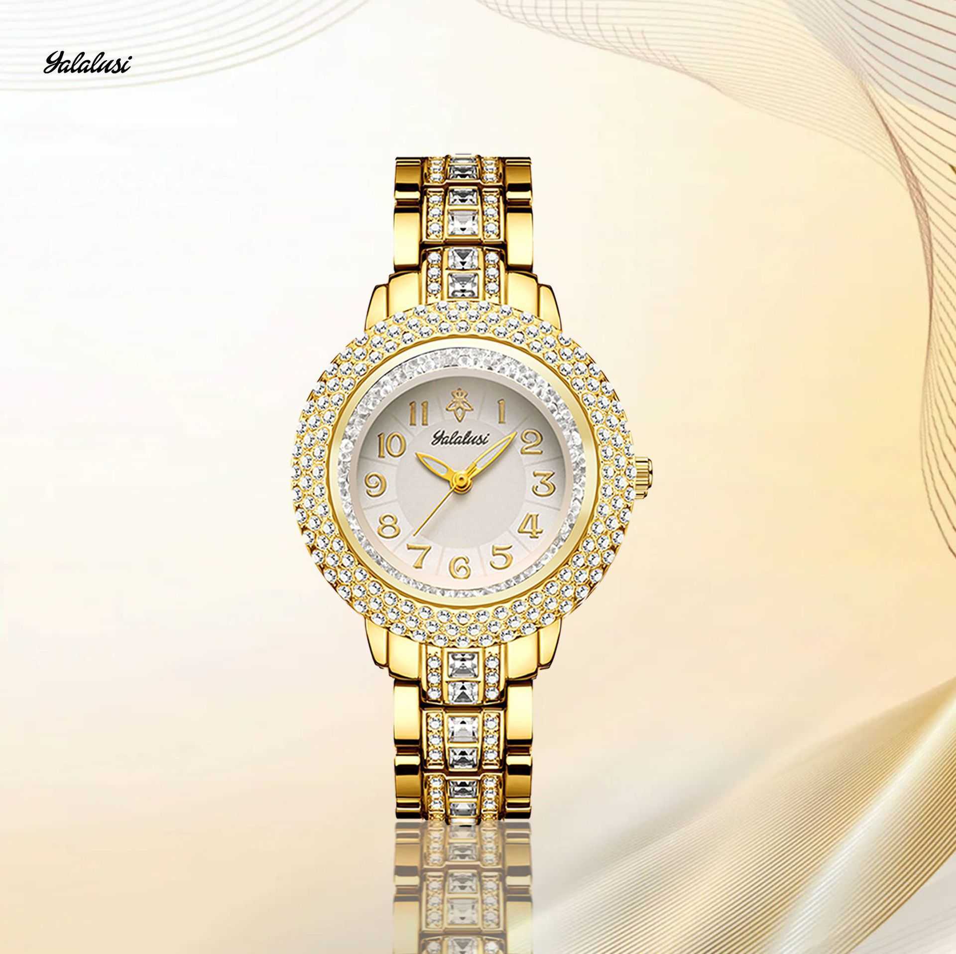 Yalalusi Luxury Gold Diamond Womens Watch Inlaid with Diamonds Fashionable Watch Light Luxury Temperament Waterproof Quartz Casual Ladies Wristwatch Z