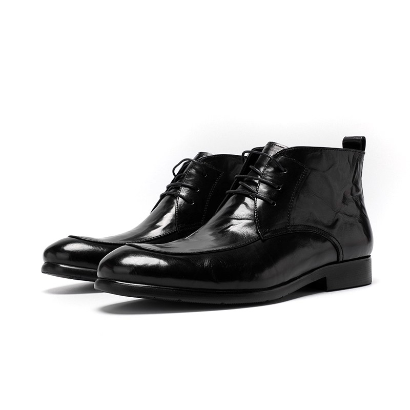 Men's business high-top leather shoes, pointed toe men's boots, handmade from genuine leather, hand-grabbed leather pleats, pointed toe Brit