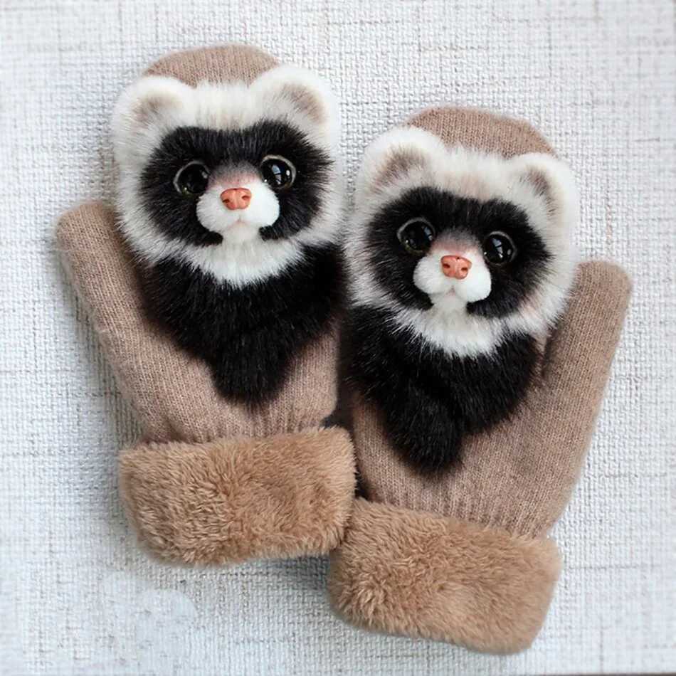 1pair Thick Warm Kids Gloves Winter Finger Mittens Cute Cartoon Girls Hairy Children Christmas Gifts Y251024