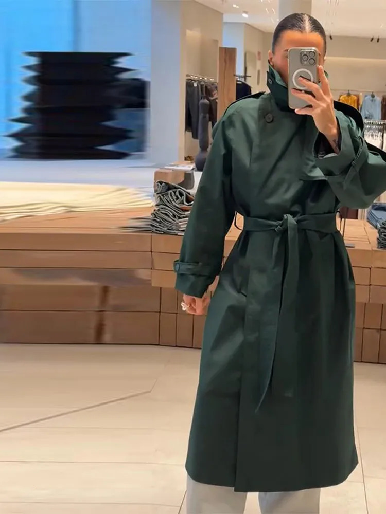 Lace Up Windbreaker Outwear Lapel Belt Long Coats Vintage Causal Jackets Autumn High Street Tops Oversize Chic Clothes 251021