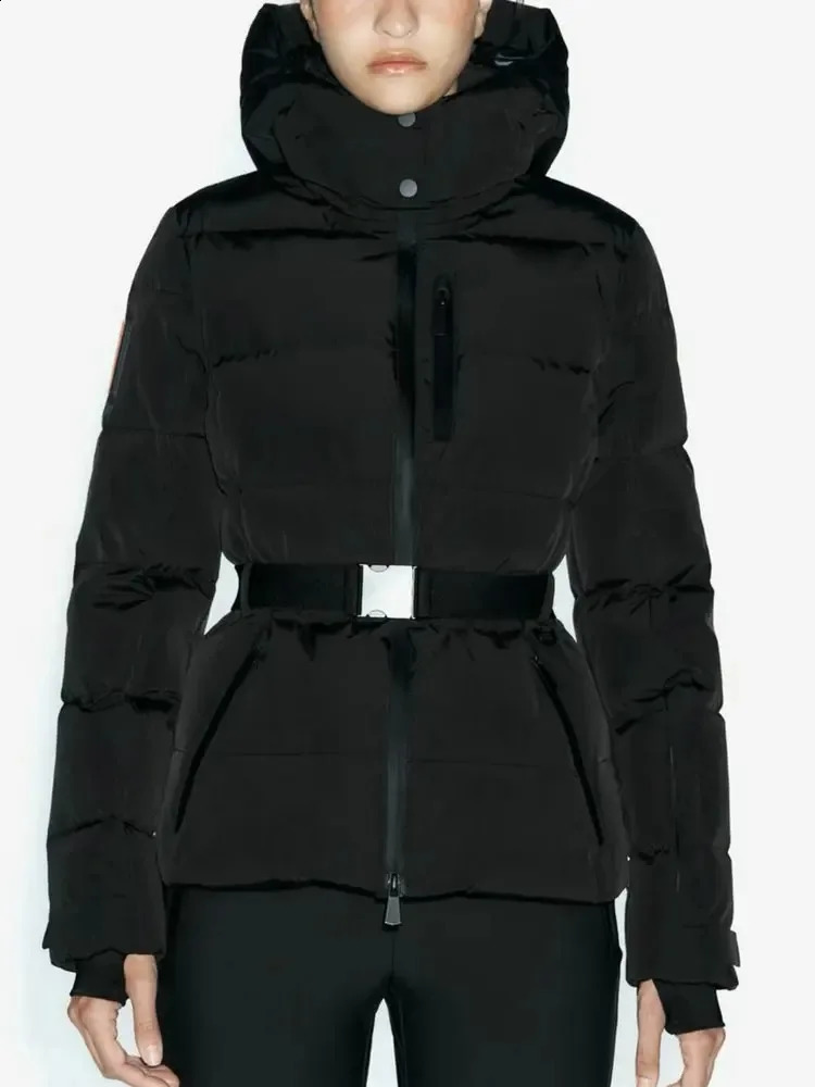 Womens Winter Hooded High Waist Padded Sport Parkas Coats with Belt Female Elegant Thick Warm Pockets Windproof Skiing Jackets 251022