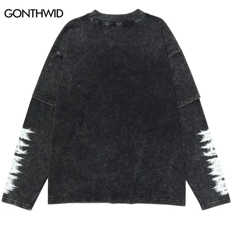 Vintage Black Oversized TShirt Streetwear Graphic Print Washed Long Sleeve Tshirt Grunge Hip Hop Harajuku Punk Loose Tops 251020