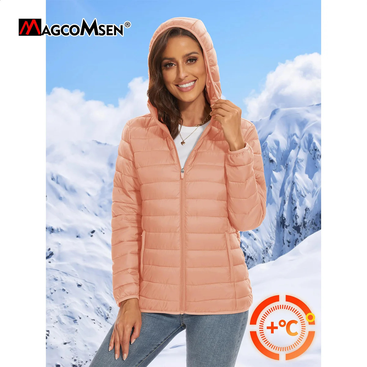 MAGCOMSEN Womens Lightweight Hooded Puffer Jacket Full Zip Windbreaker Waterproof Quilted Down Coat Winter Warm Outerwear 251020