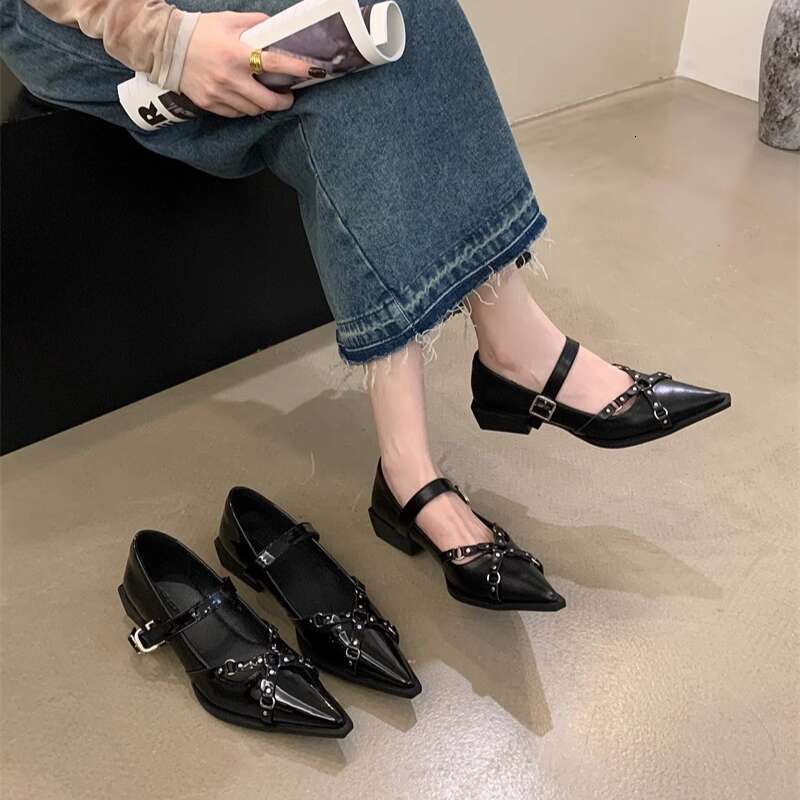 Punk Style Pointed Toe for Women 2025 New Spring Autumn Mary Jane Small Leather Niche Chunky Heel Black Designer Shoe Single Shoes