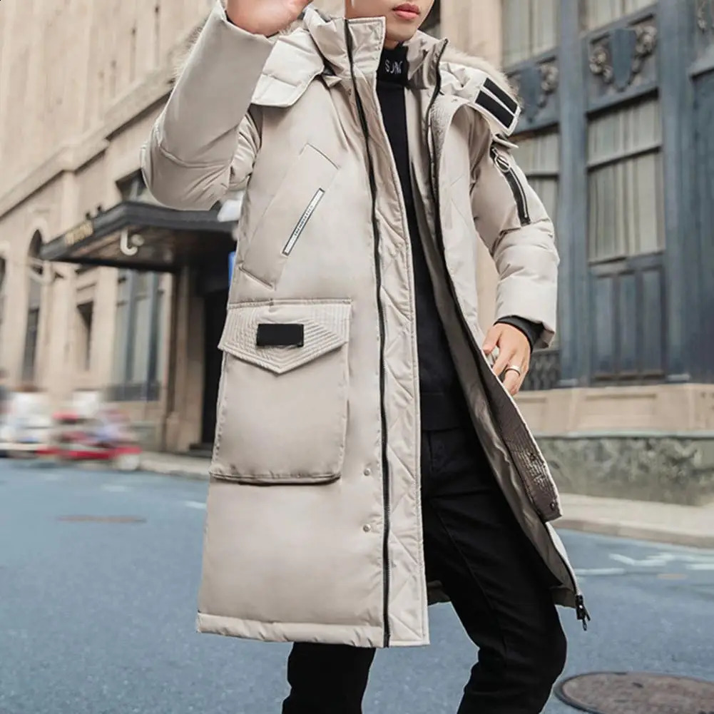 Men Hooded Winter Jacket Mens Fur Collar Hooded Down Jacket with Pockets Long Sleeve Winter Coat for Cold Weather Thickened 251020
