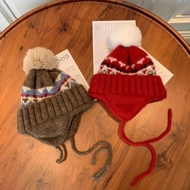 Kids Knit Hat with Ear Flaps Winter Warm Pom Beanie Ethnic Pattern 28Y Children Boys Girls Thermal CapL251024