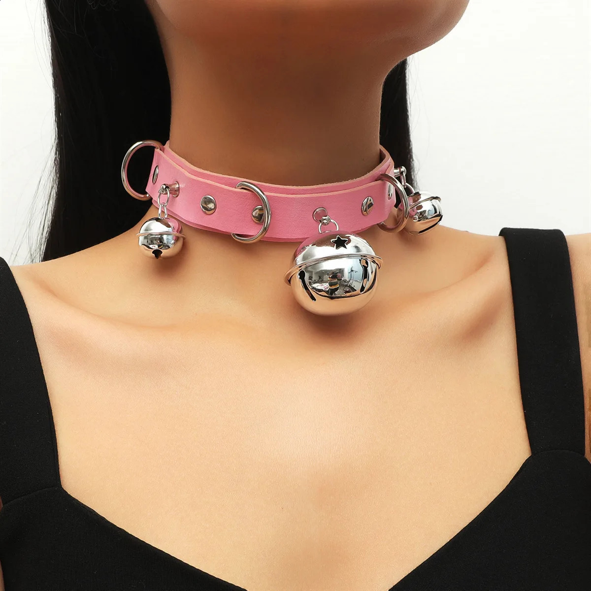 Punk Fashion Harajuku Exaggerated Sexy PU Leather Collar Distinctive Bell Necklace 251023