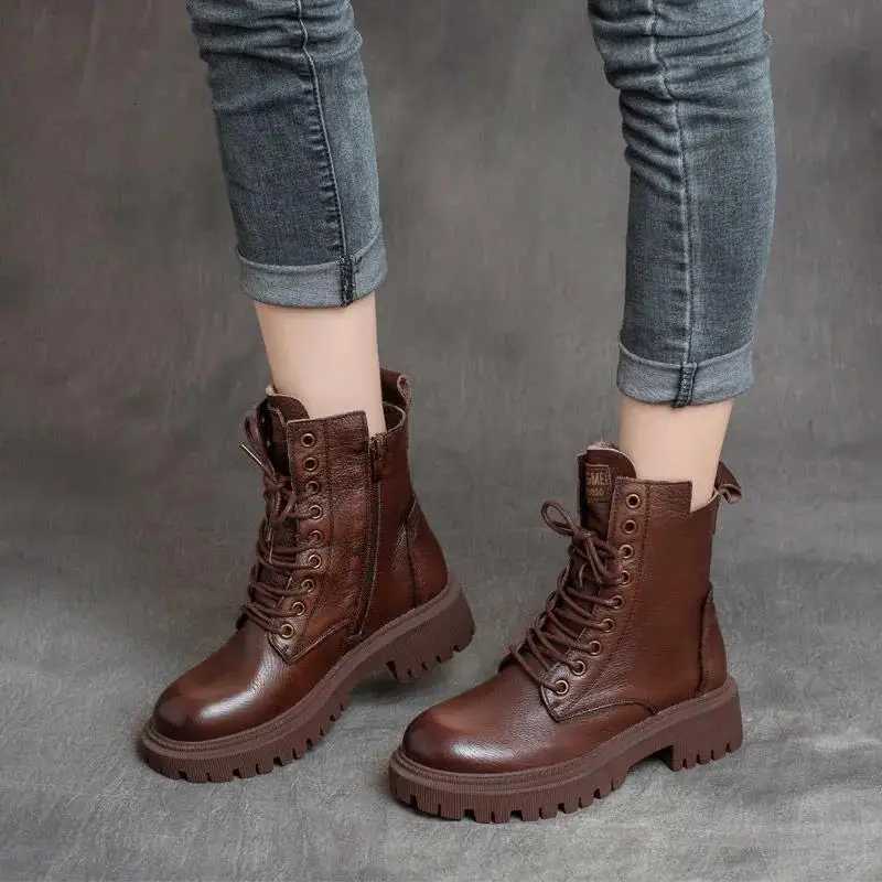 2025 Genuine Leather Womens Boots Velvet Autumn Winter Thick Heel Cowhide Shoes Handmade Retro Platform Booties W251024