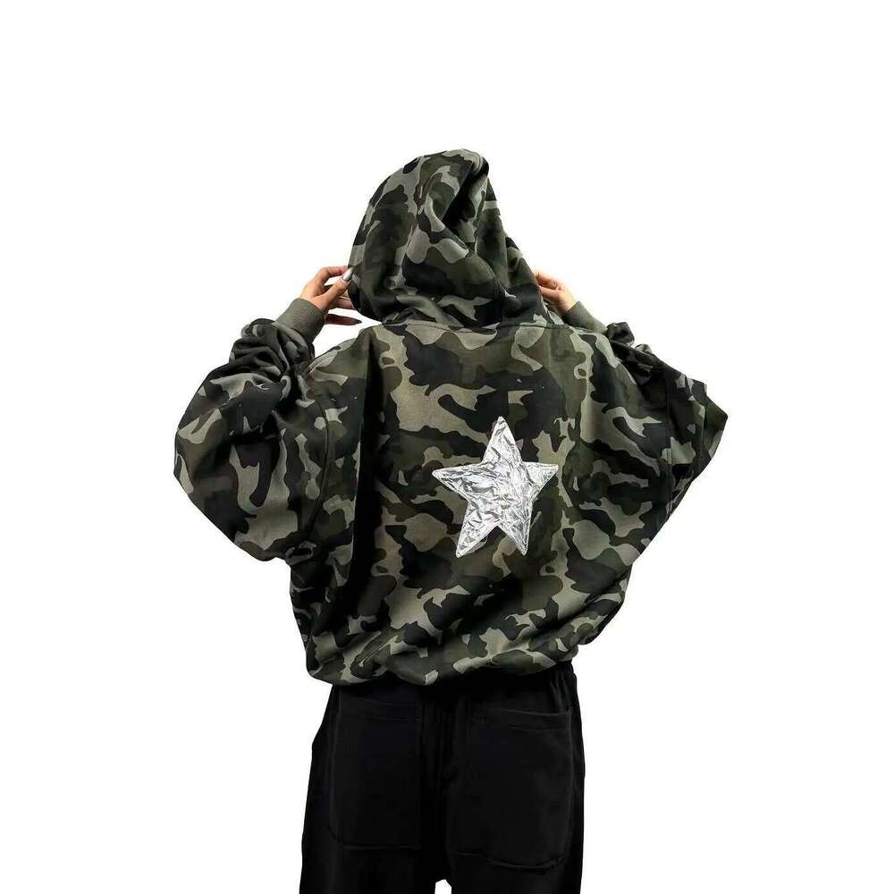 Autumn Street Style Visual Camouflage Star Pattern Zipper Hoodie Trendy Rock Simple Sweatshirt Loose Y2k New Women Top