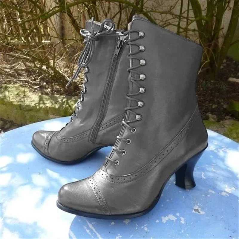Winter Lace Up Ladies High Heel Shoes Motocycle Boot Victorian Boots Women Fashion Pointed Toe Thick Soled Short Boot 2024 W251024