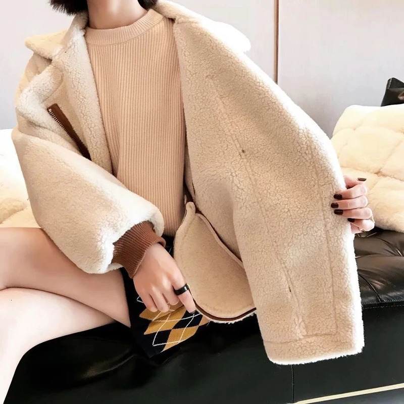 FSMG Women Thick Plush Warm Coat Lamb Wool Sheepskin Faux Suede Zipper Jacket Loose Fur One Piece Winter Fashion Khaki Outerwear 251021