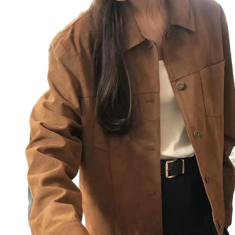 American Retro Suede Jacket Women Spring Autumn Style HighEnd Short Chic Versatile Polyester Long Sleeve Elegant Commute 251018