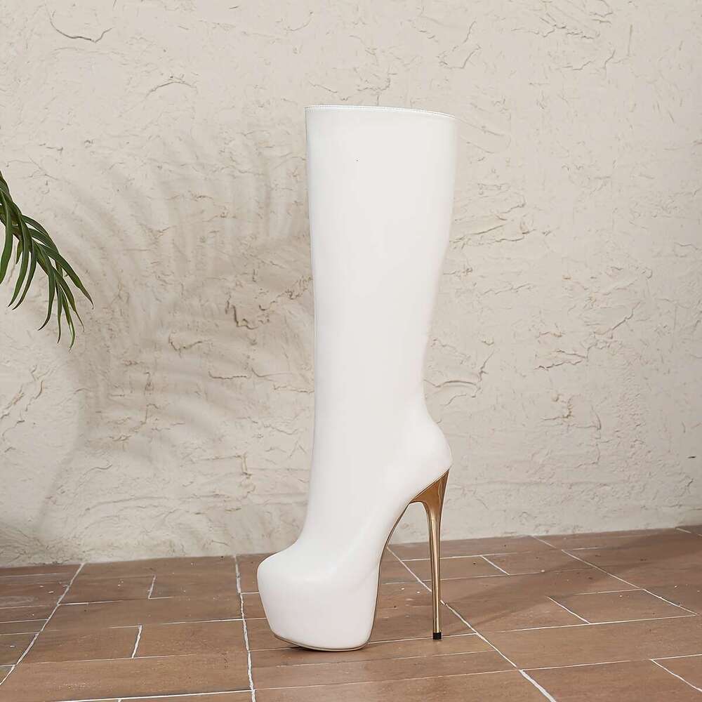 1Pr Elegant White Knee-High Boots For Women - 17Cm Ultrahigh Stiletto Heel, Round Toe, Solid Color, All-Season, Comfortable Riding Boot With Fabric In