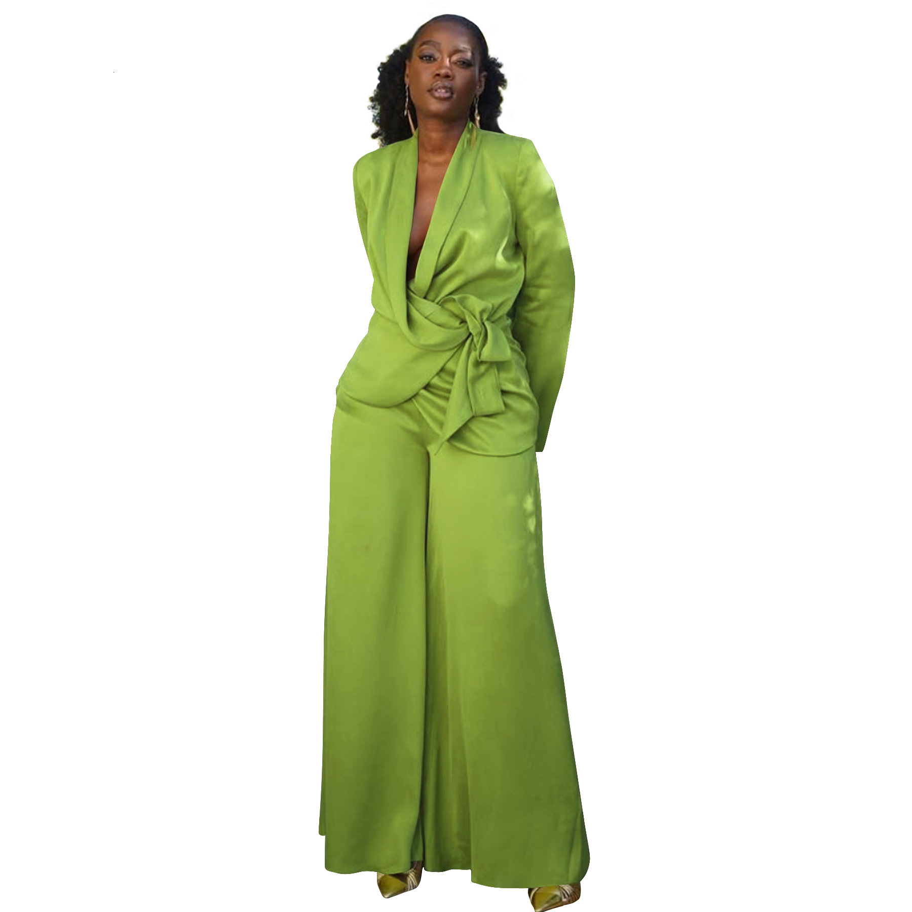 Designer's new European and American women's clothing autumn and winter solid color suit tie top cardigan wool sweater wide leg pants set