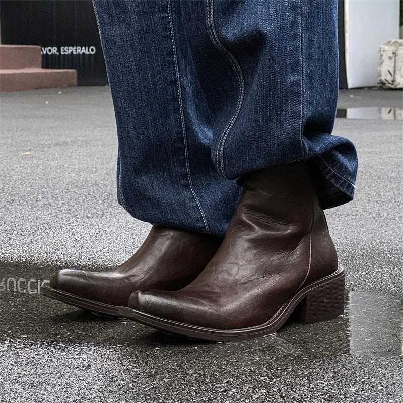 New Mens Retro SolidColor Leather Ankle Boot ThickHeeled WesternStyle Zipper Casual Boot Elegant And Comfortable Party Boots W251024
