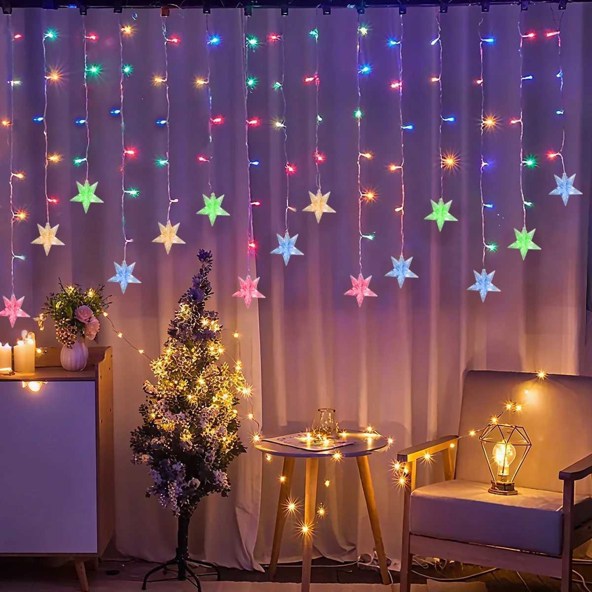 1pc 96 LED Star Icicle Curtain String Lights USB Powered 8 Modes Christmas Decorative Icicle Lights For Garden Patio Home Decor C251024