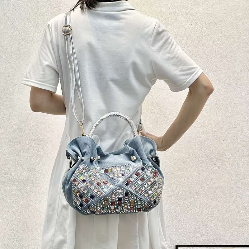 1 Women's Mini - Retro Inlaid Pleated Design, Adjustable Crossbody Shoulder Strap, Polyester, Light Blue/Blue Zipper Closure Handbag, Suitable Fo