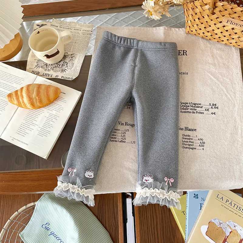Baby Girls Gray Velvet Leggings Autumn Winter New Infant Girls Cartoon Printed Lace Splicing Slim Warm Trousers 06Years OldT251024