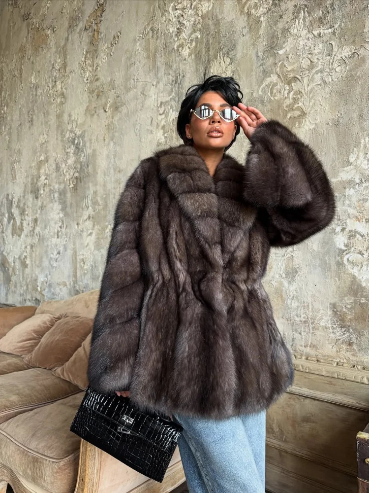 Women Elegant Fur Coat Bell Sleeve Lapel Suede Surface Girdle Coats Unique Temperament 2025 Winter High Street 251013