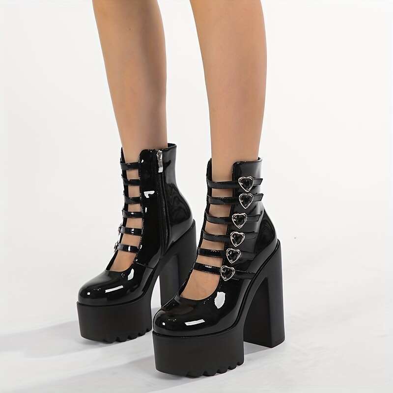 Women's Black Mary Jane High Heels With Heart Laces - Stylish, All-Season, Round Toe, Block Boots, Rubber Sole, Polyurethane Upper, Inner & Insol
