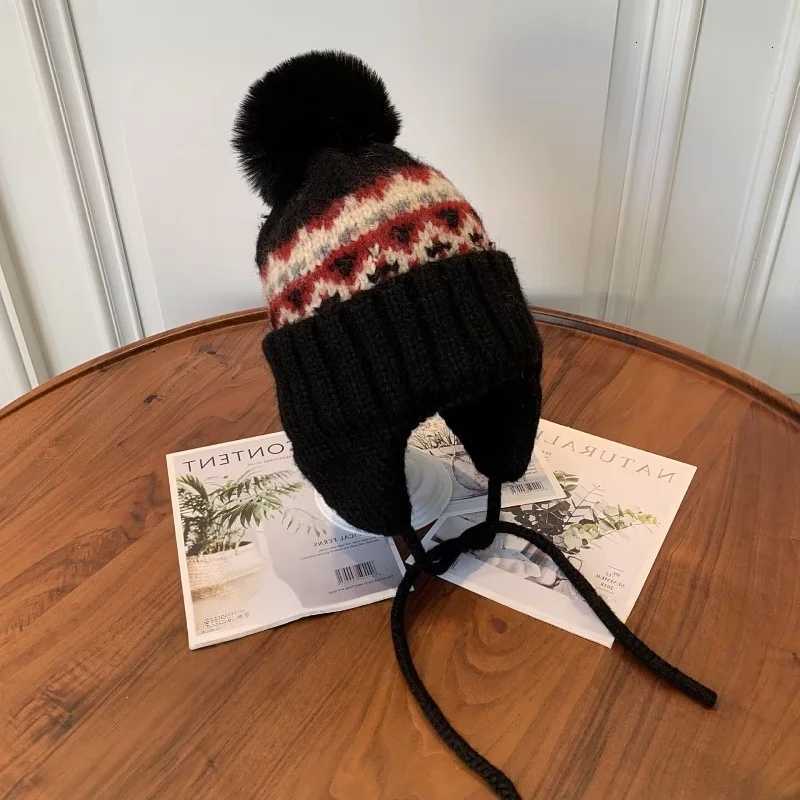 Kids Knit Hat with Ear Flaps Winter Warm Pom Beanie Ethnic Pattern 28Y Children Boys Girls Thermal CapL251024