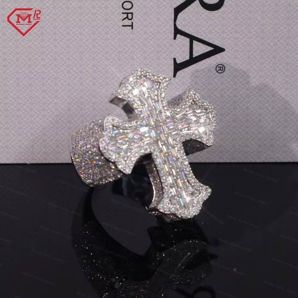 Gra Certificates Moissanite Cross Ring Men Hip Hop Baguette 925 Sliver Vvs Iced Out Moissanite Rings