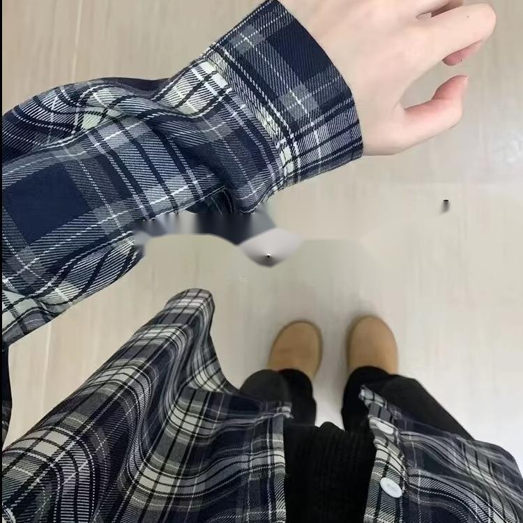 Pocket Trendy Turn-down Collar American Style Navy Blue Plaid Shirt for Men, Autumn Youthful Vintage Lazy Style Sun Protection Jacket