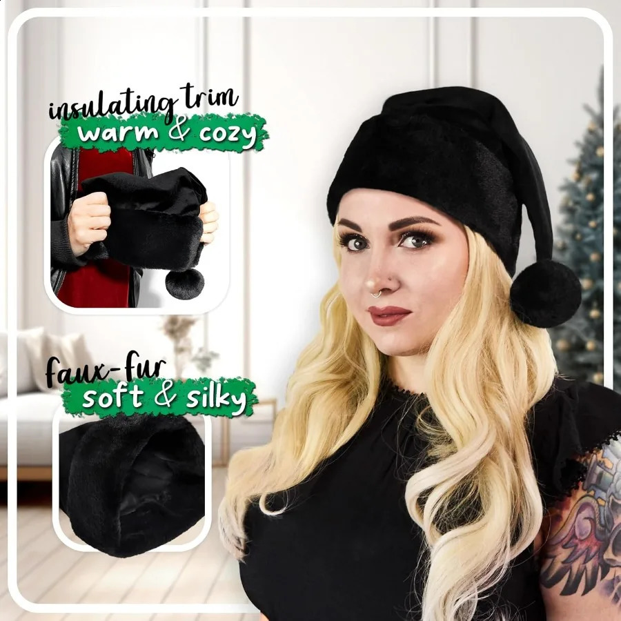 All Black Santa Hat with Black Furry Trim Faux Fur for Gothic Christmas Decor Spooky Goth Theme Holiday Accessory Adu 251023
