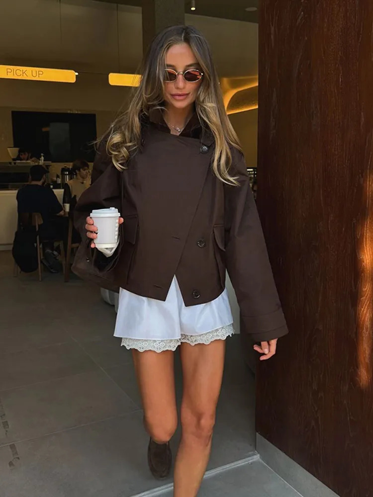 Stand Neck Crooped Brown Trench Coat Women Single Breasted Pocket Full Sleeve Windbreaker Jacket Autumn Lady Streetwer 251021